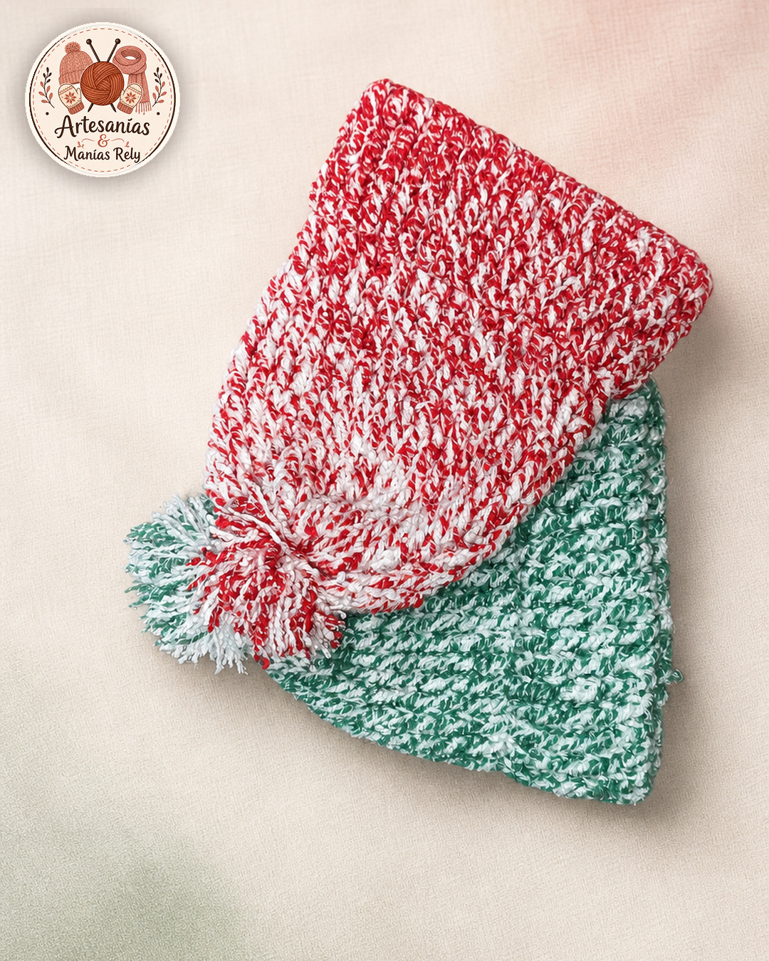 Rojo & verde, gorro tejido a mano